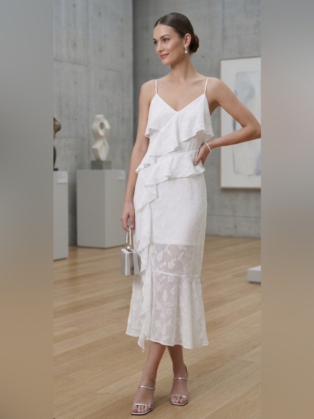 wild fable White Lace Ruffle Midi Dress